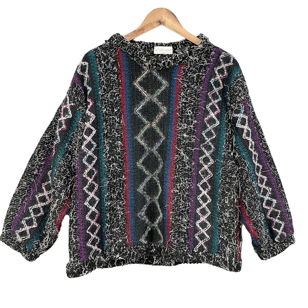 VTG 90s Allen Wah Sweater Mens Medium Textured Chunky Retro Grandpa Abstract